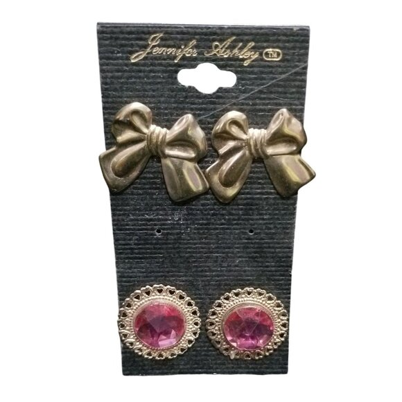 Jennifer Ashley Earring Set, Vintage Bow & Pink Gem - Picture 2 of 3